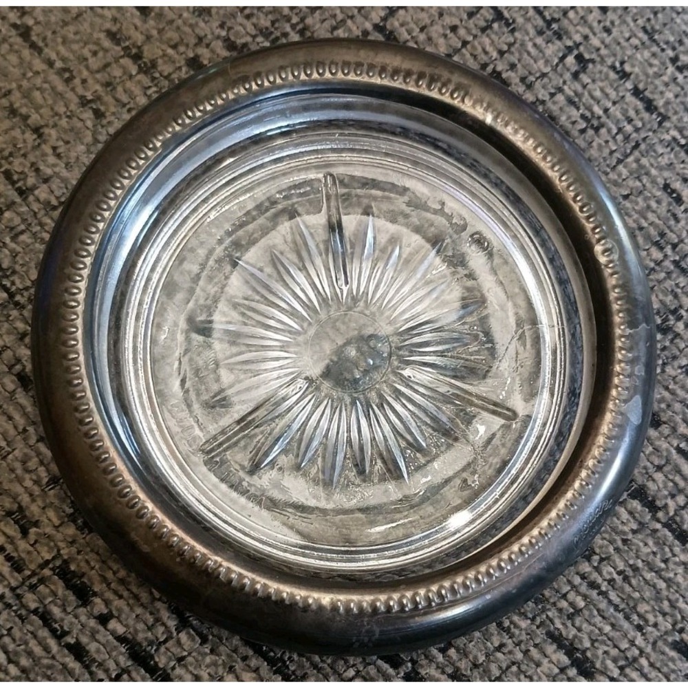 Vintage Leonard Italy Silverplated Rim Sunburst Glass Coaster Ashtray MCM Clear